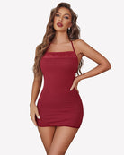 Wine red cotton halter chemise with lace neckline and fitted mini silhouette