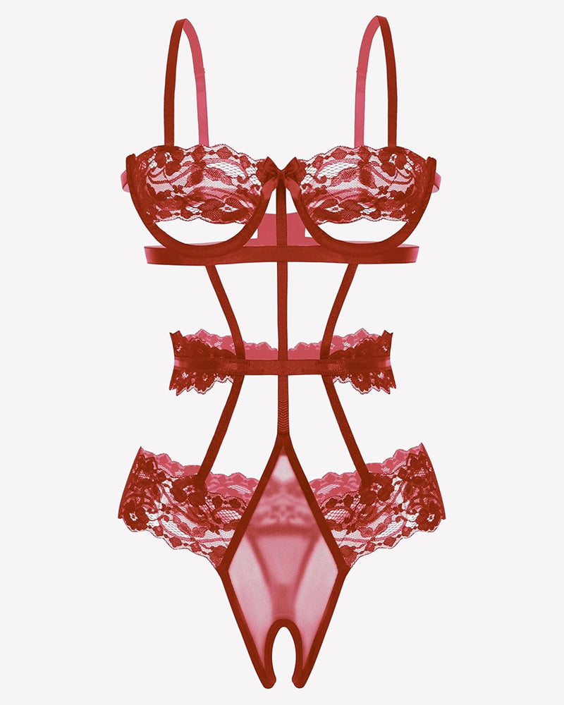 Red underwired lace bodysuit with crisscross straps and scalloped lace trim, thong bottom