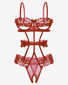 Red underwired lace bodysuit with crisscross straps and scalloped lace trim, thong bottom