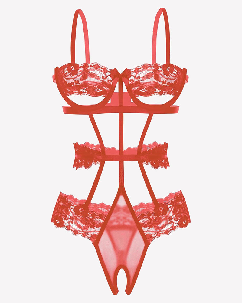 Red underwired lace bodysuit with bra-style cups, crisscross straps and thong bottom