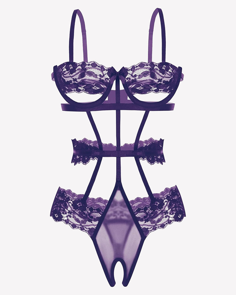 Purple underwired lace bodysuit with lace bra cups, crisscross straps and thong bottom