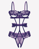 Purple underwired lace bodysuit with lace bra cups, crisscross straps and thong bottom