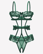 Green underwired lace bodysuit with lace bra cups, strappy panels and thong bottom