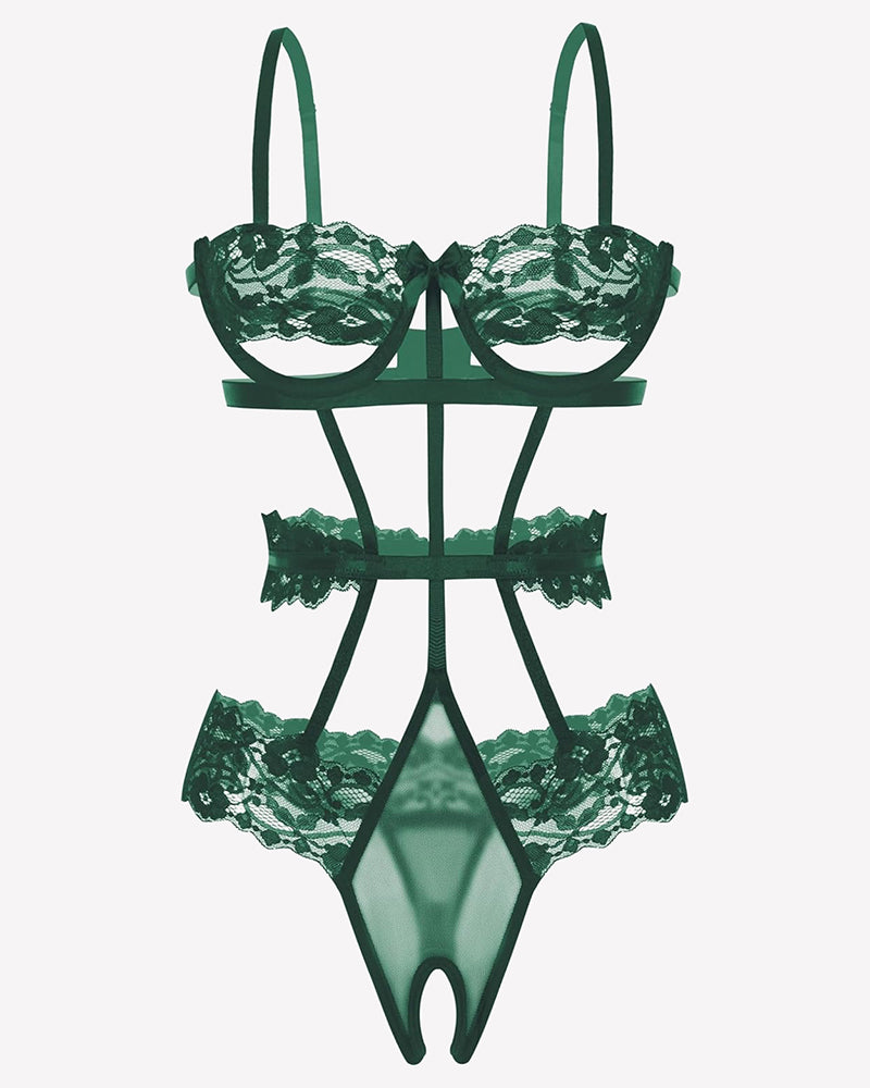 Green underwired lace bodysuit with lace bra cups, strappy panels and thong bottom