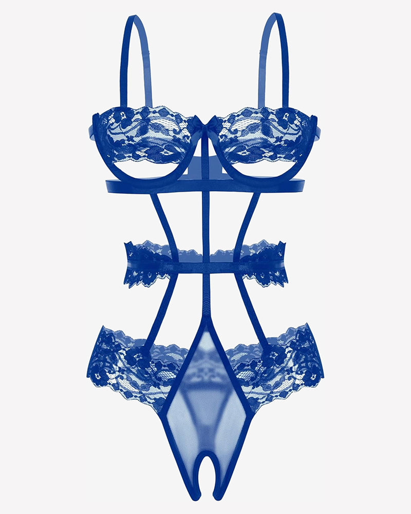 Blue underwired lace bodysuit with lace bra cups, crisscross straps and thong bottom