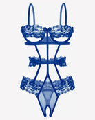 Blue underwired lace bodysuit with lace bra cups, crisscross straps and thong bottom