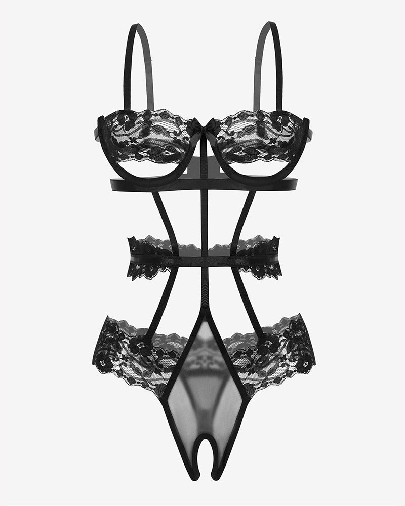 Black underwired lace bodysuit with bra-style cups, strappy midsection and thong bottom