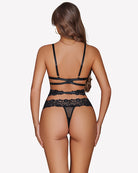 Underwired one-piece bodysuit, black lace back with strappy cross design and thong coverage