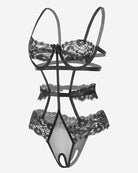 Dark underwired lace bodysuit with lace bra cups, strappy panels and thong bottom