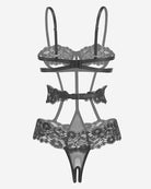 Black underwired one-piece bodysuit with lace straps and scalloped trim, front view