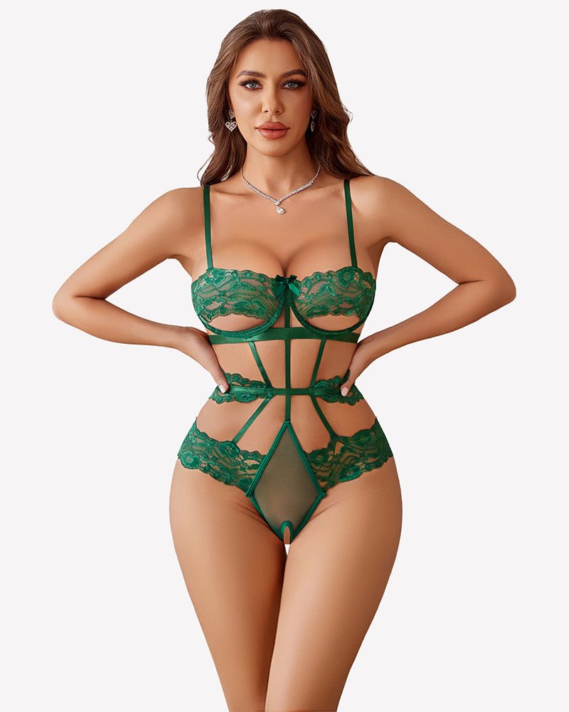 Green underwired one-piece bodysuit with lace cups and strappy harness, front
