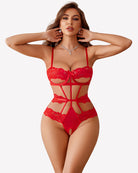 Red underwired one-piece bodysuit with lace cups, strappy corset design, front view