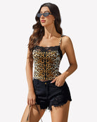 Leopard-print lace-trim camisole with scalloped black lace neckline