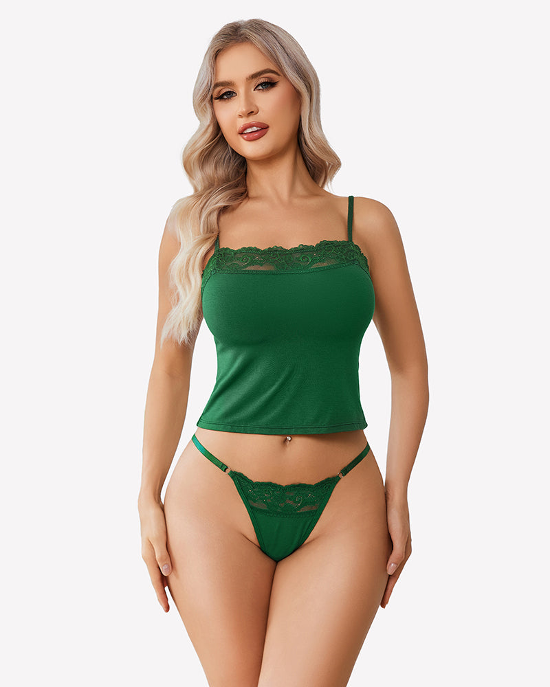 Green lace-trim camisole and matching thong set with spaghetti straps