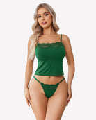 Green lace-trim camisole and matching thong set with spaghetti straps