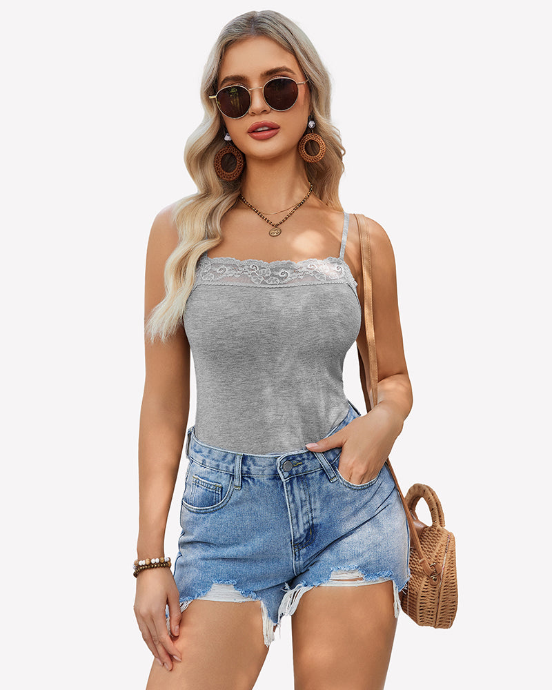 Gray lace-trim cami with spaghetti straps and scalloped lace neckline, styled under denim shorts