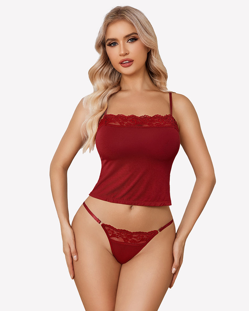 Wine red lace-trim cami pajama top and matching thong panties set