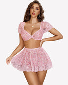 Pink mesh bra and mini skirt set with lace sleeves and scalloped hem