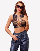Black fishnet lingerie set with high-neck crop bralette and crisscross cutout waist