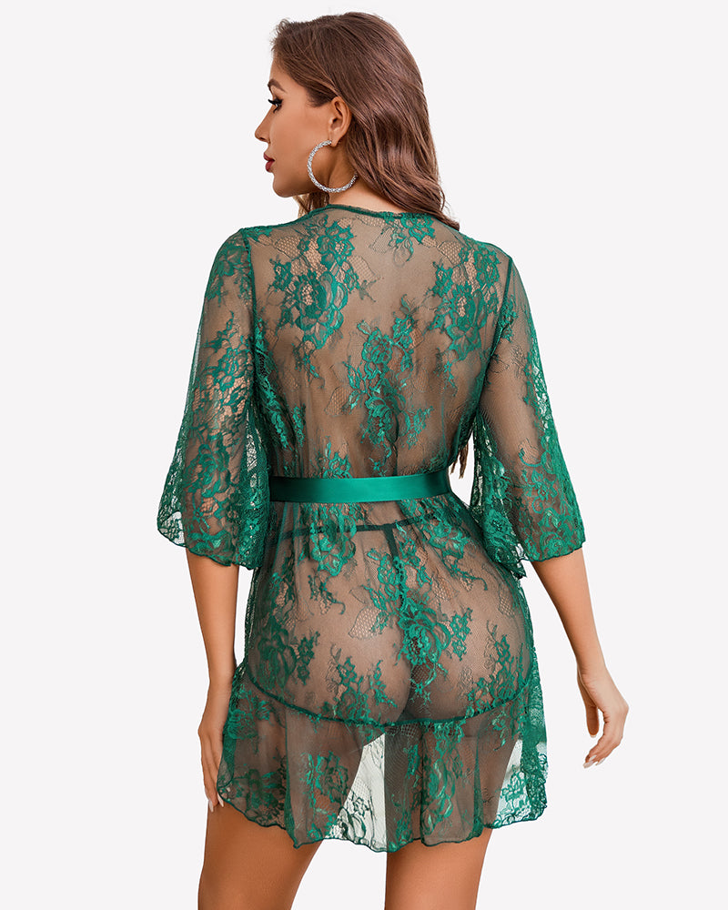Green lace babydoll lingerie dress, back view with waist tie and flared sheer sleeves.