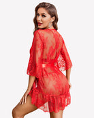 Red lace babydoll lingerie dress, back view with sheer lace overlay and waist tie.