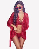Red lace babydoll lingerie dress with open-front robe and matching lace panties