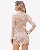 Champagne long-sleeve lace cocktail dress with high neck, side back view
