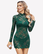 Green lace cocktail dress with long sleeves and high neckline, scalloped hem