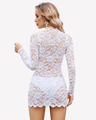 White long-sleeve lace cocktail dress with high neck and scalloped hem, no lining.