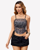 Leopard print mesh sheer tank top with side drawstrings, ruched body and thin straps