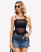 Black mesh sheer tank top with side drawstrings, ruched center and thin straps
