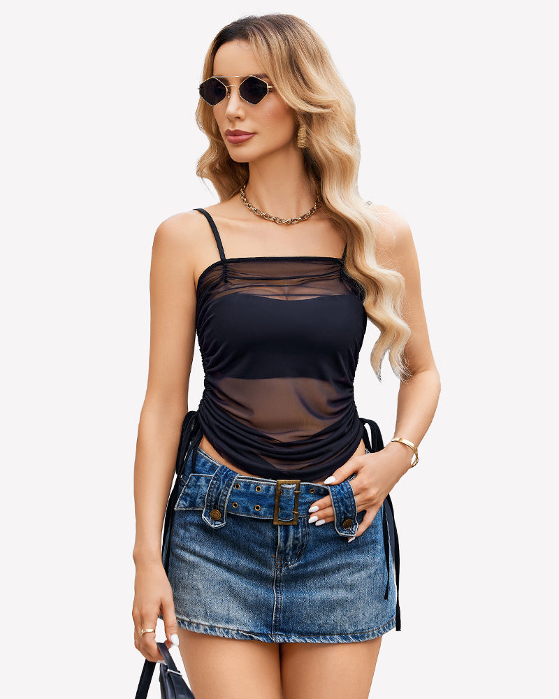Black mesh sheer tank top with side drawstrings, ruched center and thin straps