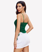 Dark green mesh sheer tank top with side drawstrings and ruched fabric, thin straps