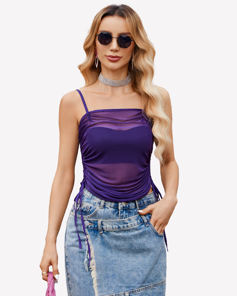 Purple mesh sheer tank top with side drawstrings and ruched fabric, thin straps