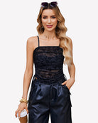 Black sheer mesh tank top with floral print, spaghetti straps, ruched front, side ties