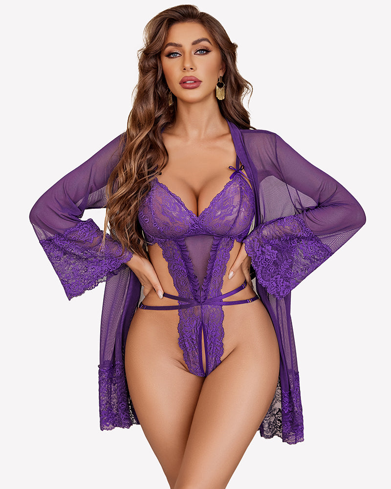 Purple lace teddy with sheer mesh robe and wide lace trim sleeves
