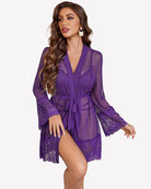 Mesh robe and lace teddy set, purple sheer robe with tied waist and lace cuffs