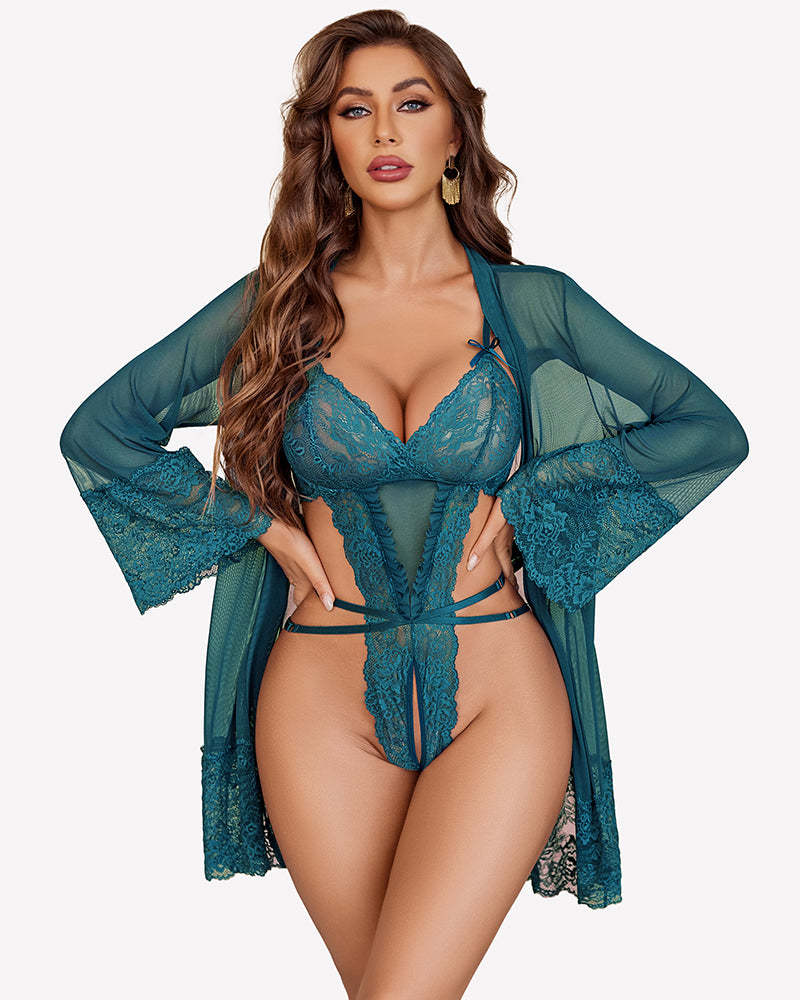Lace teddy with mesh robe, blue green lace bra and high-cut bottoms with sheer sleeves
