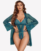 Lace teddy with mesh robe, blue green lace bra and high-cut bottoms with sheer sleeves