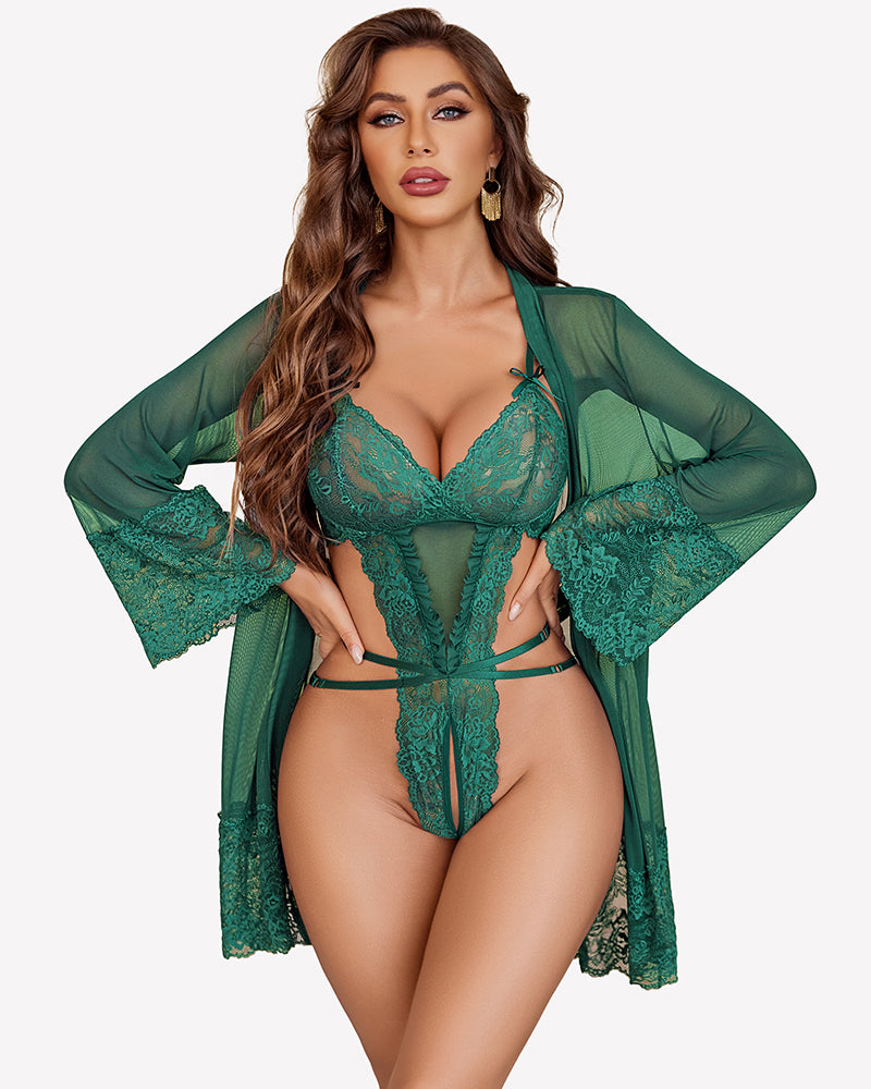 Lace teddy with mesh robe, blue green lace bra and thong-style thong with sheer sleeves
