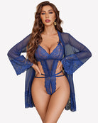 Lace teddy with mesh robe, deep blue lace bra and high-cut bottoms with sheer sleeves