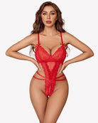 Red lace teddy with sweetheart neckline and crisscross front straps