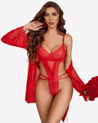 Red lace teddy set with long sheer robe and lace cup detailing