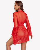 Red sheer mesh robe with lace hem over red lace teddy, open back