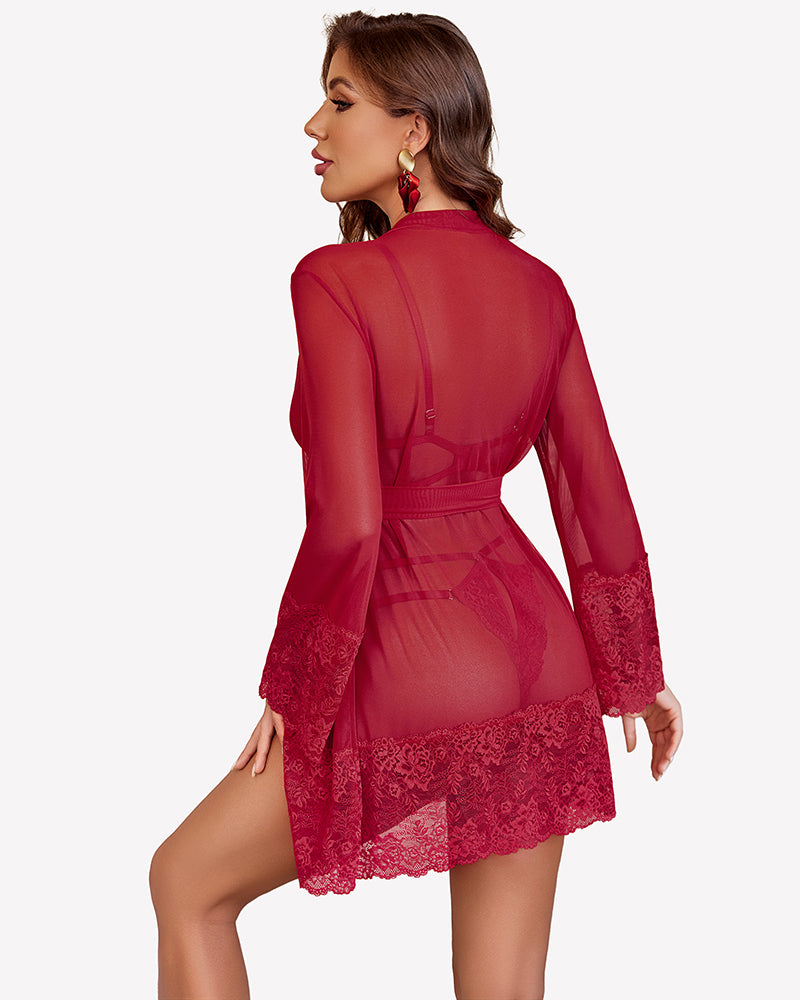 Wine red mesh robe with lace hem and tied waist, open back over lace teddy