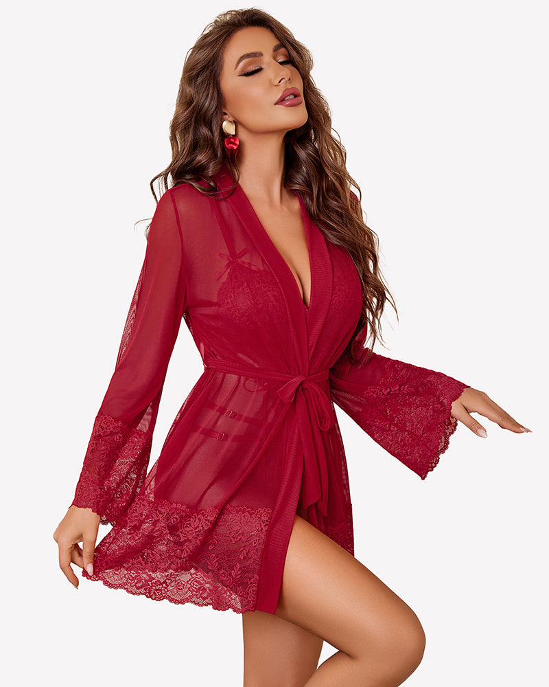 Wine red lace teddy with deep V neckline and mesh robe over it