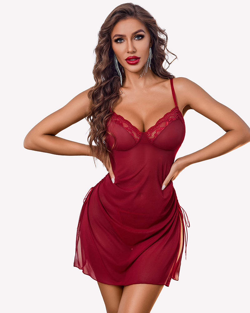 Red sheer mesh babydoll with lace cups, V-neck, draped side-tie hem