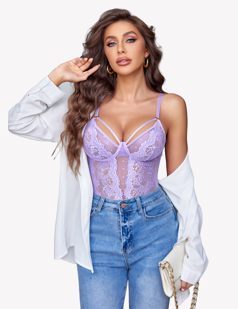 Lilac lace teddy with scalloped trim, underwire cups, and adjustable straps
