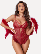Wine red lace teddy with ruffle hem and floral pattern, with feather trim
