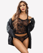 Floral lace lingerie set with sheer camisole top and matching shorts, dark brown